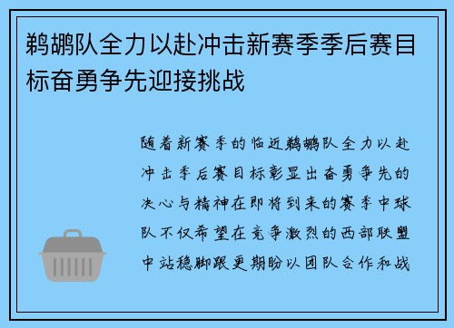 鹈鹕队全力以赴冲击新赛季季后赛目标奋勇争先迎接挑战