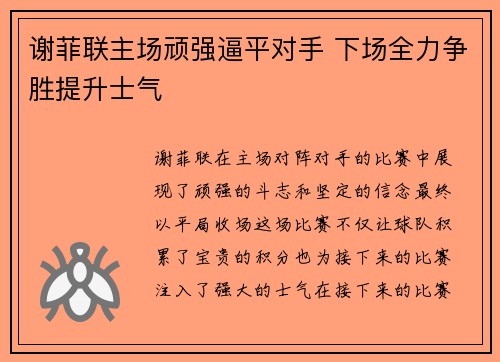 谢菲联主场顽强逼平对手 下场全力争胜提升士气