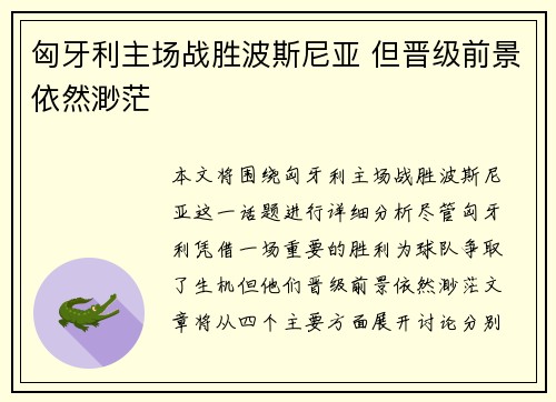 匈牙利主场战胜波斯尼亚 但晋级前景依然渺茫