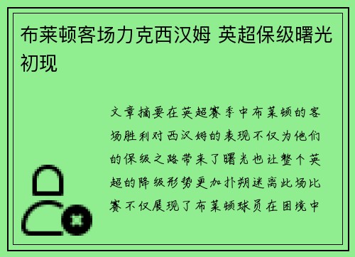 布莱顿客场力克西汉姆 英超保级曙光初现