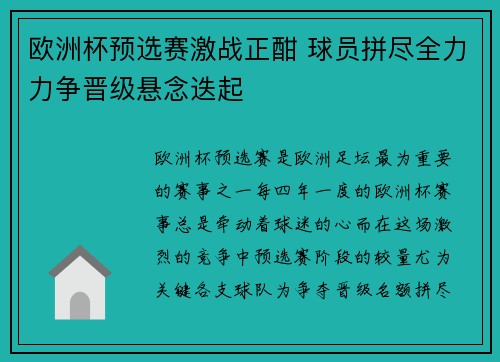 欧洲杯预选赛激战正酣 球员拼尽全力力争晋级悬念迭起