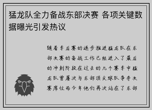 猛龙队全力备战东部决赛 各项关键数据曝光引发热议